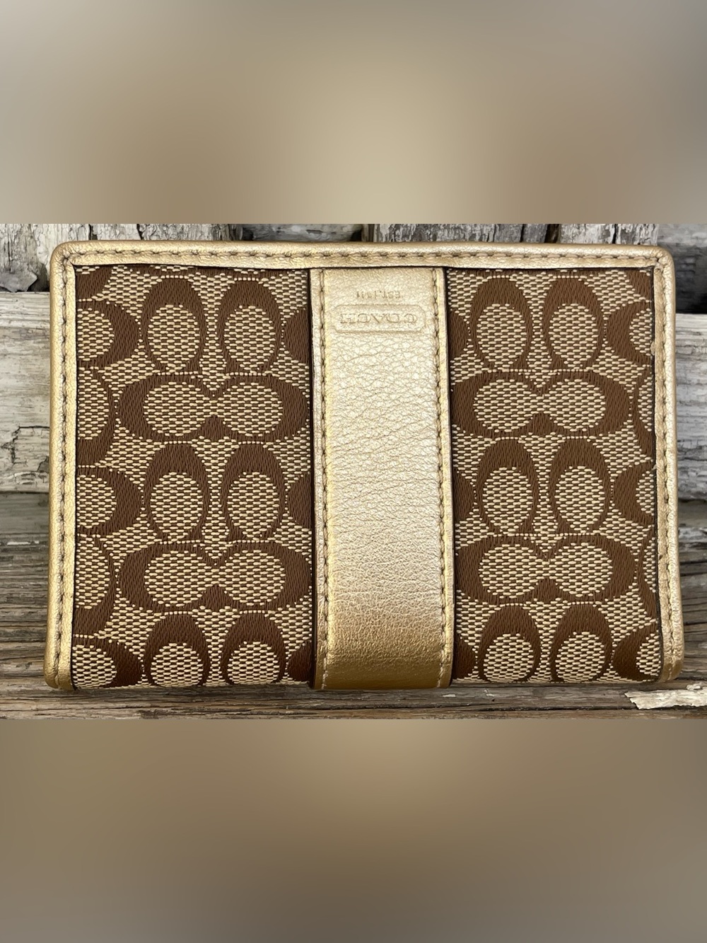 Coach F60355 Signature Bifold Card Case Wallet Brown Jacquard Gold Trim